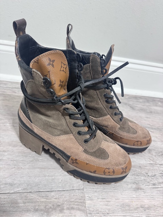 Louis Vuitton Shoes - Louis Vuitton Laureate Platform Desert Boots Taupe Suede Monogram